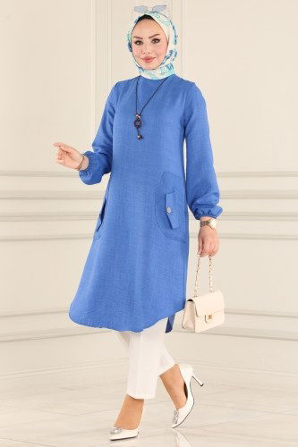 moda selvim Cep Detaylı Keten Tunik 5882BSK463 Saks - Thumbnail