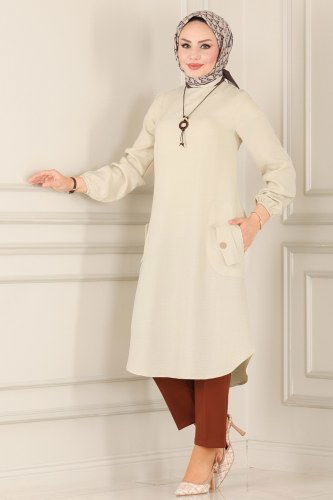 B.İ.S.S.K. - Cep Detaylı Keten Tunik 5882BSK463 Taş