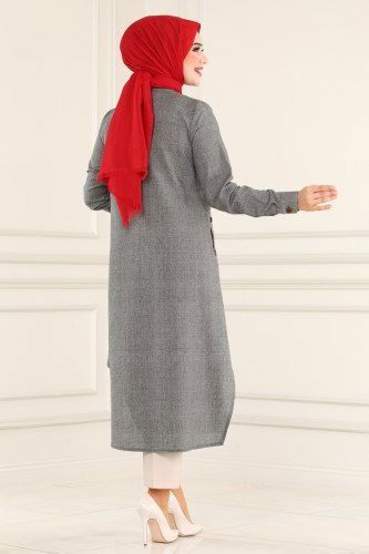 moda selvim Cep Detaylı Keten Tunik 875S324 Antrasit - Thumbnail