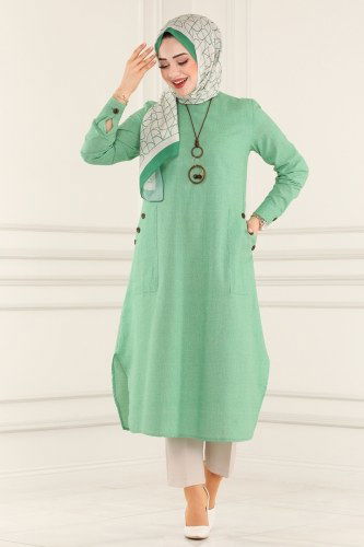 moda selvim Cep Detaylı Keten Tunik 875S324 Mint - Thumbnail