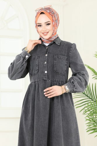 moda selvim Cep Detaylı Kot Elbise 845ASE1098 Siyah Yıkamalı Kot - Thumbnail