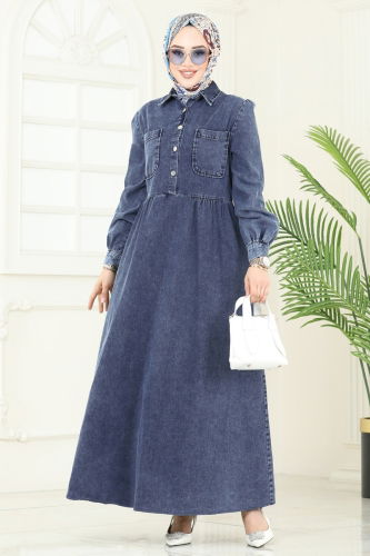moda selvim Cep Detaylı Kot Elbise 845ASE1098 Yıkamalı Kot - Thumbnail