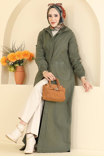moda selvim Cep Detaylı Kot Ferace 044DFL152 Haki - Thumbnail