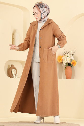 moda selvim Cep Detaylı Kot Ferace 044DFL152 Latte - Thumbnail