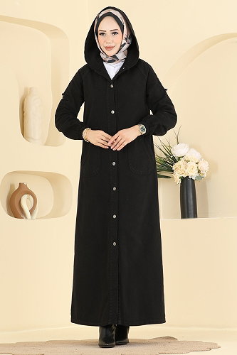 moda selvim Cep Detaylı Kot Ferace 044DFL152 Siyah - Thumbnail