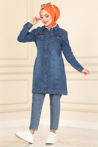 moda selvim Cep Detaylı Kot Kap 6063MZ203 Açık Kot - Thumbnail