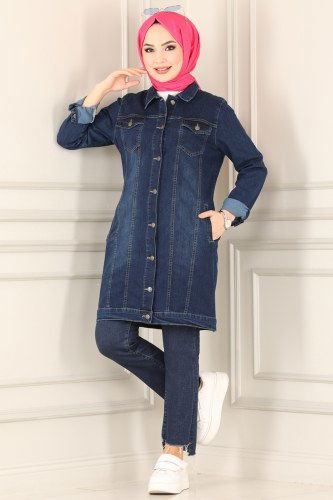 moda selvim Cep Detaylı Kot Kap 6063MZ203 Koyu Kot - Thumbnail