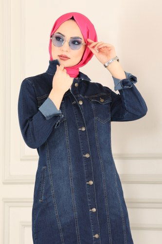 moda selvim Cep Detaylı Kot Kap 6063MZ203 Koyu Kot - Thumbnail