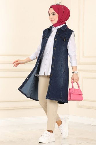 moda selvim Cep Detaylı Kot Yelek 6135MZ203 Koyu Kot - Thumbnail