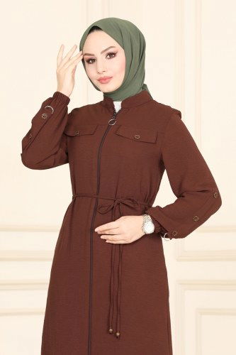 moda selvim Cep Detaylı Mevsimlik Kap 6783S324 Kahve - Thumbnail