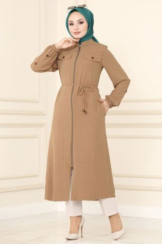 moda selvim Cep Detaylı Mevsimlik Kap 6783S324 Latte - Thumbnail
