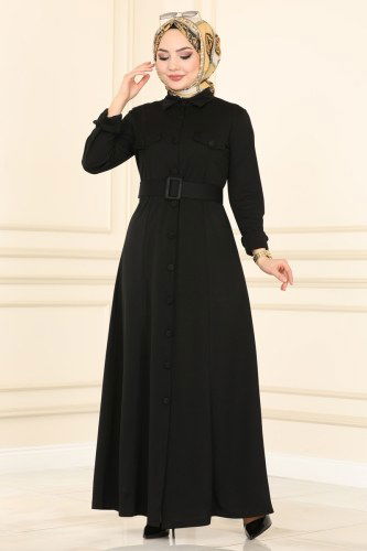 moda selvim Cep Detaylı Mira Ferace 1505UKB139 Siyah - Thumbnail