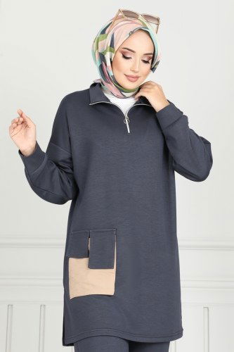 moda selvim Cep Detaylı Modal Kumaş Takım 1732LVN1041 Antrasit - Thumbnail