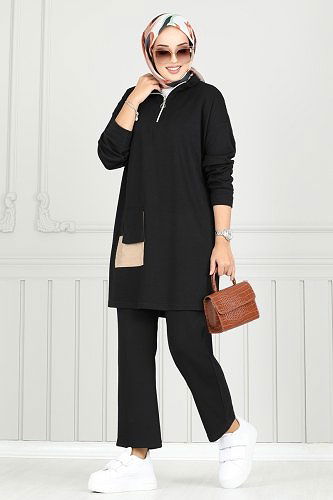 moda selvim Cep Detaylı Modal Kumaş Takım 1732LVN1041 Siyah - Thumbnail