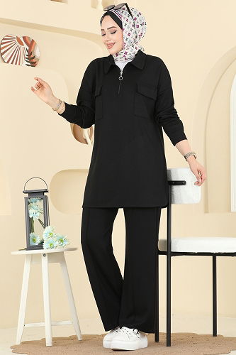 moda selvim Cep Detaylı Modal Takım 2739AYD574 Siyah - Thumbnail