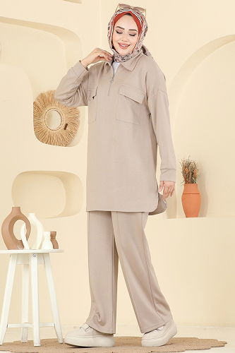 moda selvim Cep Detaylı Modal Takım 2739AYD574 Taş - Thumbnail