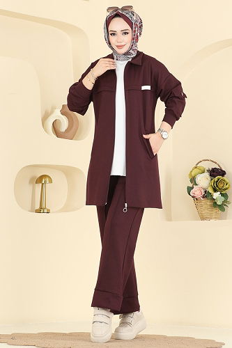 moda selvim Cep Detaylı Modal Takım 2741AYD574 Bordo - Thumbnail
