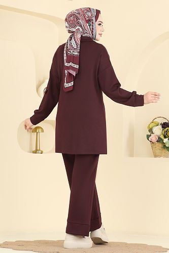 moda selvim Cep Detaylı Modal Takım 2741AYD574 Bordo - Thumbnail