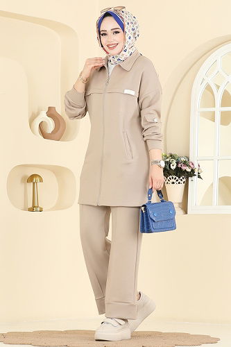 moda selvim Cep Detaylı Modal Takım 2741AYD574 Taş - Thumbnail