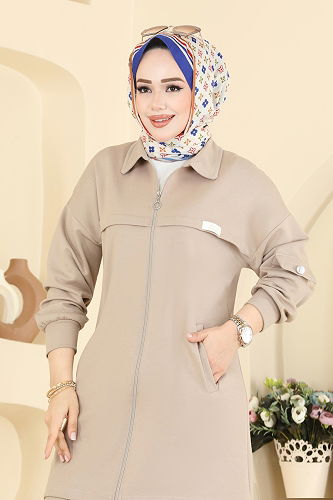 moda selvim Cep Detaylı Modal Takım 2741AYD574 Taş - Thumbnail