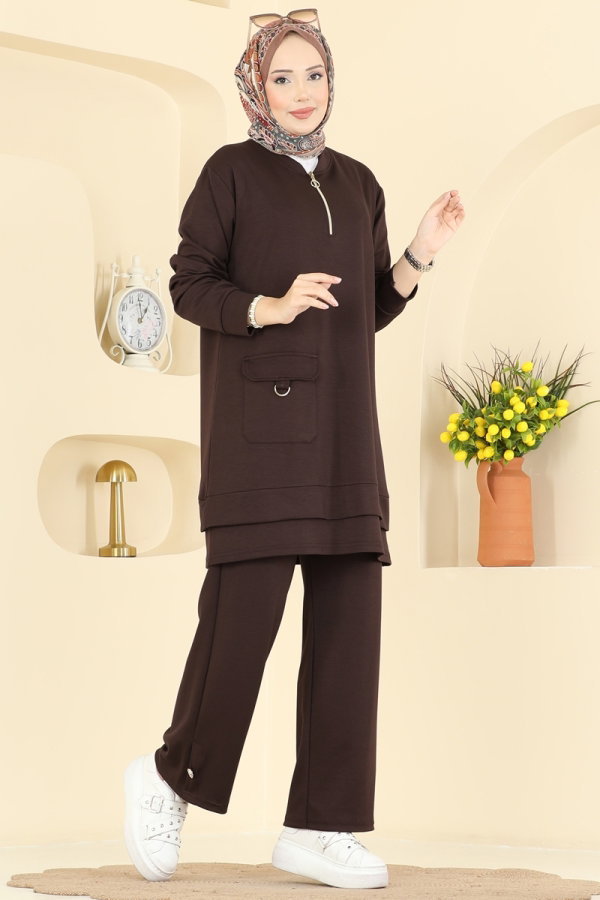 Modaselvim Kombin Cep Detaylı Modal Takım 2794AYD574 Kahve