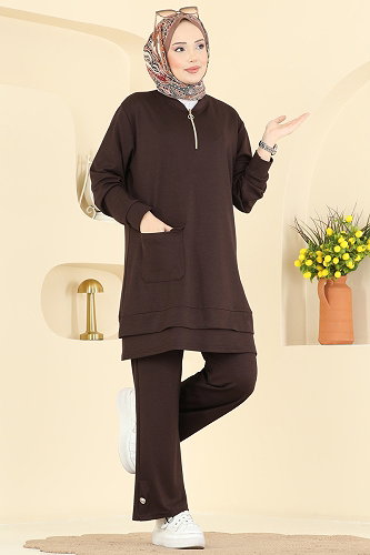 moda selvim Cep Detaylı Modal Takım 2794AYD574 Kahve - Thumbnail