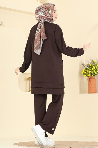moda selvim Cep Detaylı Modal Takım 2794AYD574 Kahve - Thumbnail