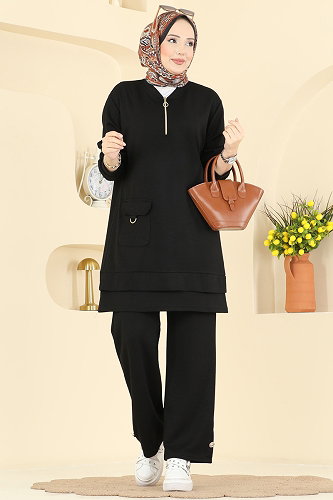 moda selvim Cep Detaylı Modal Takım 2794AYD574 Siyah - Thumbnail