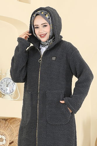 moda selvim Cep Detaylı Peluş Hırka 2147LYD1165 Antrasit - Thumbnail