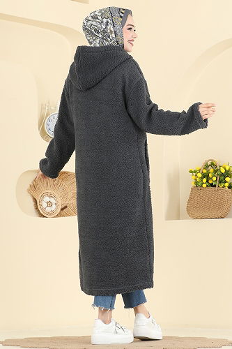 moda selvim Cep Detaylı Peluş Hırka 2147LYD1165 Antrasit - Thumbnail