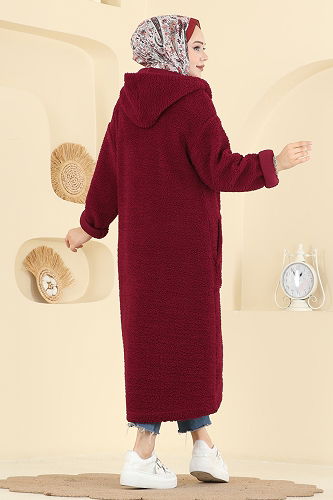 moda selvim Cep Detaylı Peluş Hırka 2147LYD1165 Bordo - Thumbnail