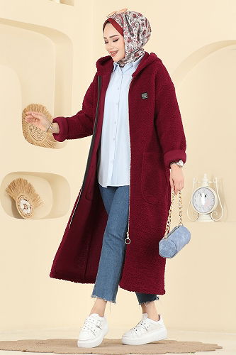 moda selvim Cep Detaylı Peluş Hırka 2147LYD1165 Bordo - Thumbnail