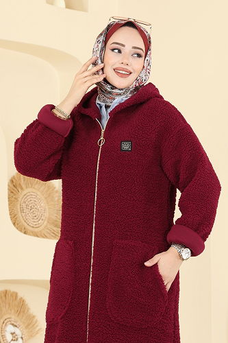 moda selvim Cep Detaylı Peluş Hırka 2147LYD1165 Bordo - Thumbnail