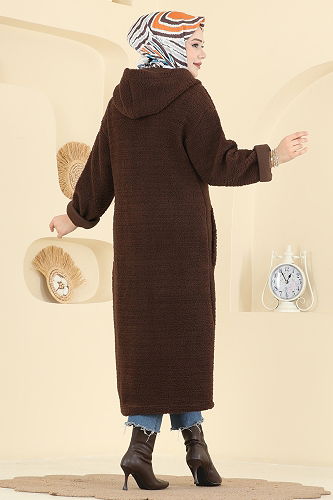 moda selvim Cep Detaylı Peluş Hırka 2147LYD1165 Kahve - Thumbnail