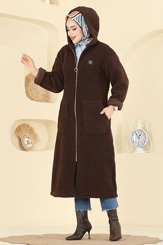 moda selvim Cep Detaylı Peluş Hırka 2147LYD1165 Kahve - Thumbnail