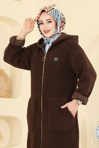 moda selvim Cep Detaylı Peluş Hırka 2147LYD1165 Kahve - Thumbnail