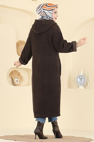 moda selvim Cep Detaylı Peluş Hırka 2147LYD1165 Koyu Kahve - Thumbnail