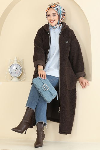 moda selvim Cep Detaylı Peluş Hırka 2147LYD1165 Koyu Kahve - Thumbnail