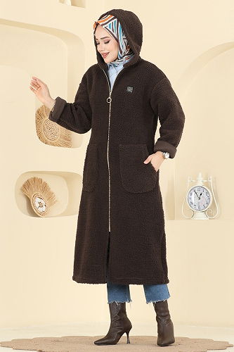 moda selvim Cep Detaylı Peluş Hırka 2147LYD1165 Koyu Kahve - Thumbnail