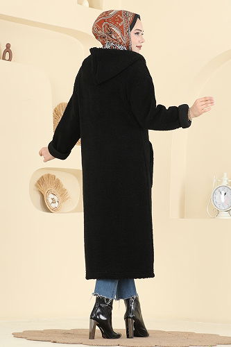 moda selvim Cep Detaylı Peluş Hırka 2147LYD1165 Siyah - Thumbnail