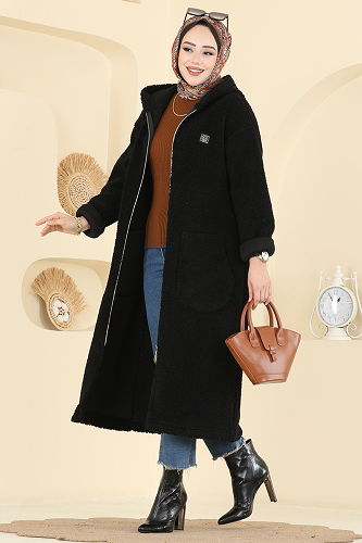moda selvim Cep Detaylı Peluş Hırka 2147LYD1165 Siyah - Thumbnail
