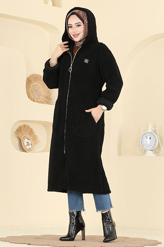 moda selvim Cep Detaylı Peluş Hırka 2147LYD1165 Siyah - Thumbnail