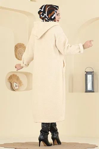 moda selvim Cep Detaylı Peluş Hırka 2147LYD1165 Taş - Thumbnail