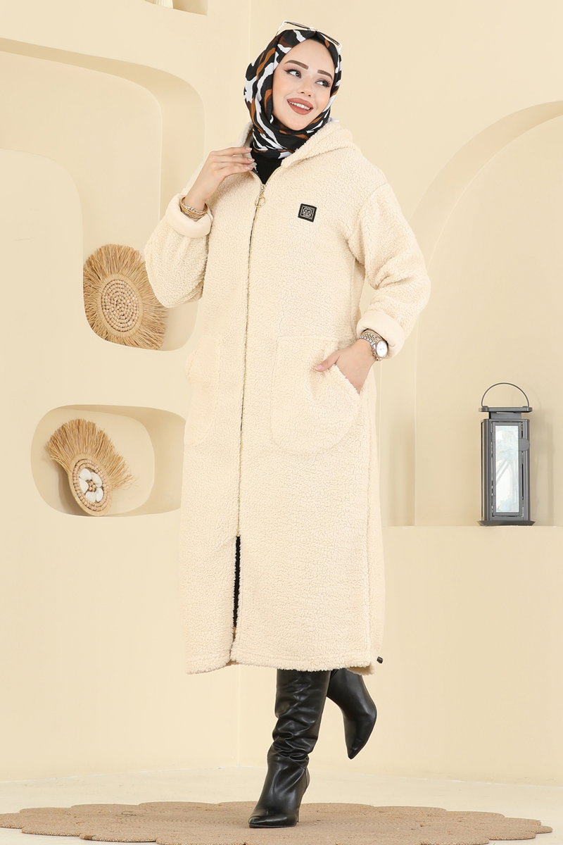 Cep Detaylı Peluş Hırka 2147LYD1165 Taş