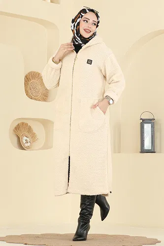 moda selvim Cep Detaylı Peluş Hırka 2147LYD1165 Taş - Thumbnail
