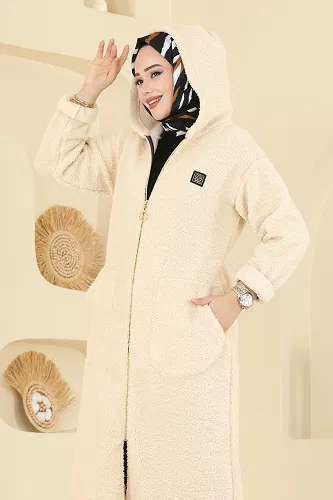 moda selvim Cep Detaylı Peluş Hırka 2147LYD1165 Taş - Thumbnail