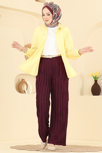 moda selvim Cep Detaylı Rahat Pantolon 154NZRK1200 Mürdüm - Thumbnail