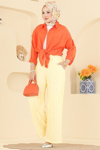 moda selvim Cep Detaylı Rahat Pantolon 154NZRK1200 Sarı - Thumbnail
