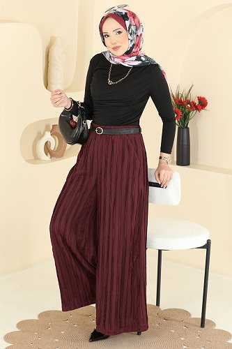 moda selvim Cep Detaylı Salaş Pantolon 0654ERK1158 Bordo - Thumbnail