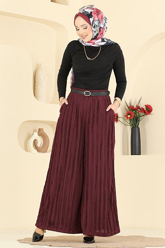moda selvim Cep Detaylı Salaş Pantolon 0654ERK1158 Bordo - Thumbnail